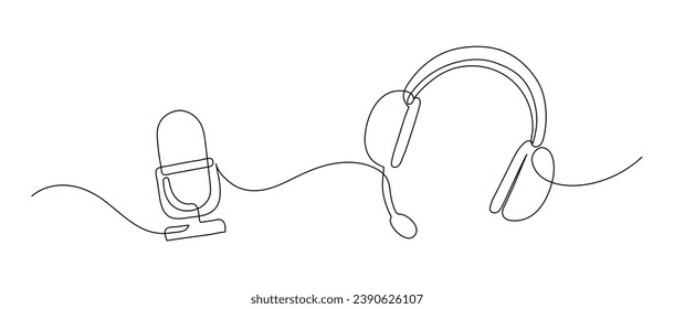 Auriculares y micrófono. Música, radio, concepto podcast. Dibujo continuo de líneas. Doodle dibujado a mano. 