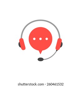 headphone with microphone and red speech bubble. concept of consultation, e-commerce, live marketing, all day hotline. isolated on white background. flat style modern logotype design illustration