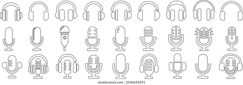 Headphone and microphone vector line art icon, audio, headset, podcast icons, professional recording, sound equipment, music production, broadcasting outline illustration