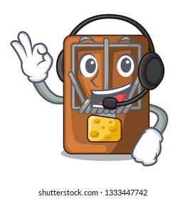 With headphone mousetrap is placed above cartoon table