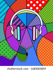 Headphone music supplies Modern colourful pop art graphic element for your design. Vector artistic illustration in pop-art comic style. earphones sound concept 