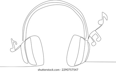 A headphone and musical notation on both listening devices. World music day one-line drawing