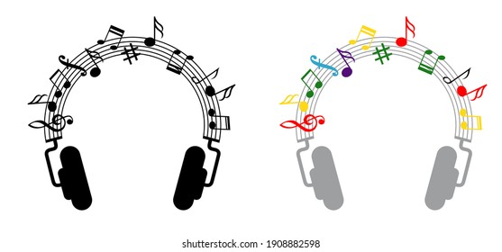 Auriculares. Las notas musicales mantienen el patrón de línea. Icono de símbolos para el personal y tema de notas musicales. Ola de fondo de auriculares Piano, notas de sonido jazz Signo de clave vectorial Fun Clef clásico Doodle quaver G melodía.