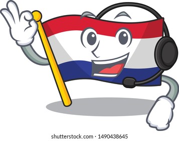 With headphone netherlands flag above wooden cartoon table
