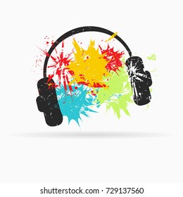 Headphone on background with color spots. Grunge vector illustration