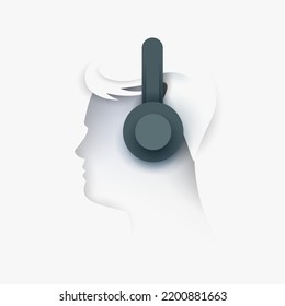 Headphone on head isolated on white background. Creative 3d concept in cartoon craft paper cut style. Bright minimal design element. Modern geometric vector illustration.
