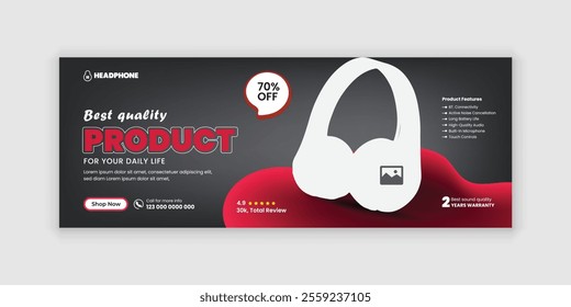 Headphone online sale banner design or new arrival headphone social media cover design template