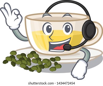 With headphone oolong tea above wood tables cartoon