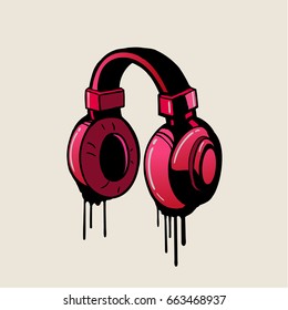 Headphone pink graffiti style, vector.