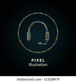 Headphone - pixel icon. Vector Illustration. Design logo element. Isolated on black background. It is easy to change to any color.