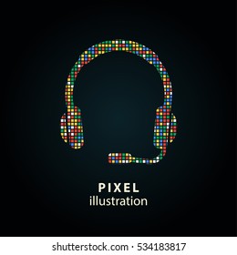 Headphone - pixel icon. Vector Illustration. Design logo element. Isolated on black background. It is easy to change to any color.