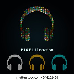 Headphone - pixel icon. Vector Illustration. Design logo element. Isolated on black background. It is easy to change to any color.