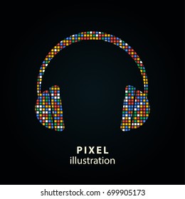 Headphone - pixel icon. Vector Illustration. Design logo element. Isolated on black background. It is easy to change to any color.