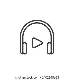 Headphone with play button line icon. Listen to music linear style sign for mobile concept and web design. Audio service outline vector icon. Symbol, logo illustration. Vector graphics