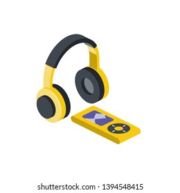 Headphone Player. Vector 3d Isometric Color Icon New Flat Style. Creative Illustration, Idea For Infographics.