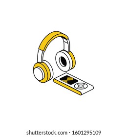 Headphone player. Vector line, 3d stroke isometric, color web icon, new flat style. Creative illustration design, abstract idea for infographics.