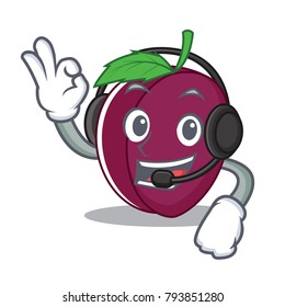 With headphone plum mascot cartoon style