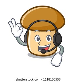 With headphone porcini mushroom mascot cartoon