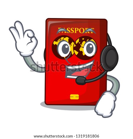 With headphone red passport isolated on with cartoon