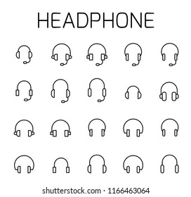 Headphone related vector icon set. Well-crafted sign in thin line style with editable stroke. Vector symbols isolated on a white background. Simple pictograms.