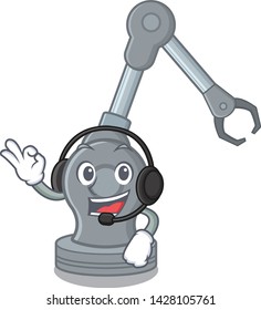 With headphone robotic arm machine above cartoon chair