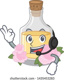 With headphone rose oil poured in cartoon bottle