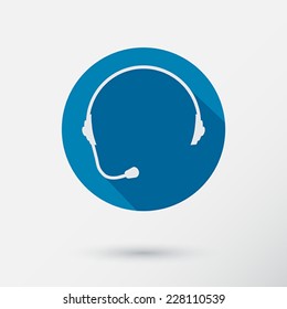 Headphone round icon of support with long  shadow. Flat style. Vector Illustration. 