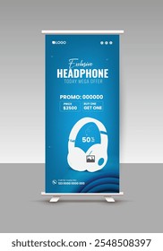 Headphone sale roll-up banner design template