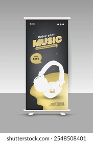 Headphone sale roll-up banner design template
