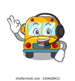 With headphone school bus mascot cartoon