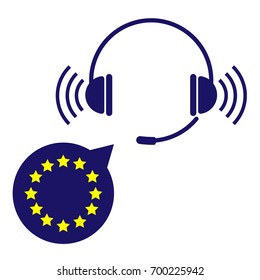 Headphone set icon with eu flag speech bubble. EPS10 vector illustration for design element, infographic, web, application, poster, business banner, template. Operator icon with eu stars image.