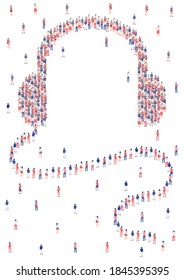 Forma de audífono del grupo multitudinario Miniserio, radio de podcast de tecnología de banda ancha por Internet para personas concepto Cartel o ilustración de diseño de banner social sobre fondo blanco con espacio de copia, vector