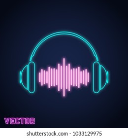 Headphone sign neon light design. Vector illustration.