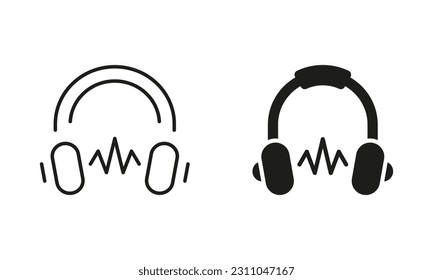 Juego de iconos de línea y silueta de auriculares. Concepto de educación y aprendizaje en línea. Libro de audio e Ícono negro de libro de libros electrónicos. Colección de símbolos de educación a distancia. Pictograma de auriculares. Ilustración de vectores aislados.