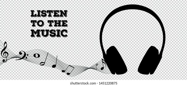Headphone Silhouette With Music Notes - Listen To The Music - Vector Illustration - Isolated On Transparent Background