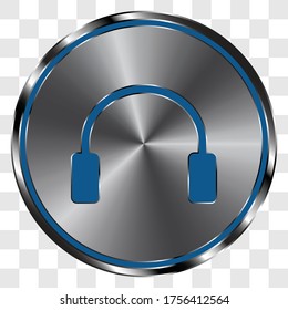 Headphone simple icon vector on metal round button. Transparent grid