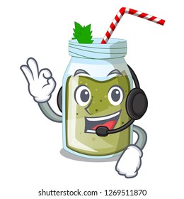 With headphone smoothie green juice isolated on mascot