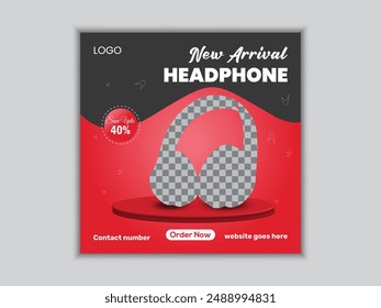 Headphone Social Media Instagram Post Banner Template Design Background Black and Red, Online Banner Template Design.