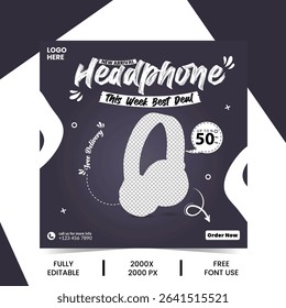 headphone social media post, ideal for product launches, brand promotions, and music ads. perfect for web banners, new arrivals, and audio marketing campaigns
