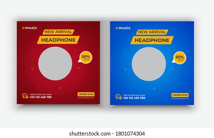 Headphone social media post template design, Editable Headphone square flyer Design for social media, Headphone banner design template