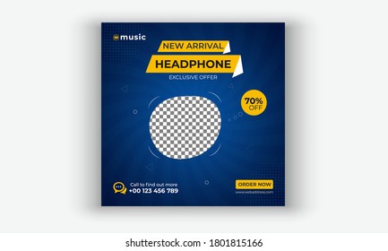 Headphone social media post template design, Editable Headphone square flyer Design for social media, Headphone banner design template