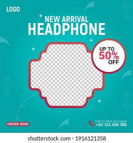 Headphone social media post template design, Editable Headphone square flyer Design.