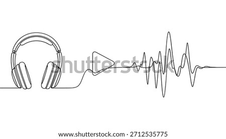 Headphone Sound Line Art Vector. Minimal Continuous Music Wave Illustration Vector