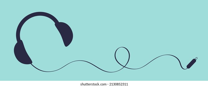 Headphone speaker. Black headphones earphones with cord cable plug. Music banner template. Headset icon. Greeting Card. Flat design. Blue background. Isolated. Vector illustration