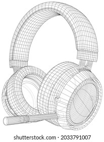 Headphone and speaker. Wire-frame Outline Drawing earphones background. Vector created of 3d.