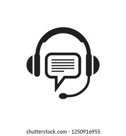 Headphone and speech bubble - black icon on white background vector illustration for support or service. Consulting operator service concept sign. Call center symbol. Graphic design element. 