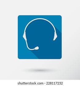 Headphone square icon of support with long shadow.  Flat style. Vector Illustration. 
