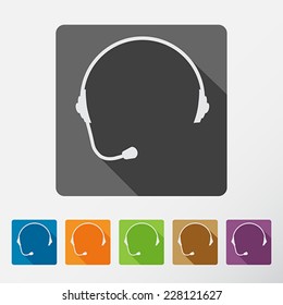 Headphone square icons set of support with long shadow. Flat style. Vector Illustration. 