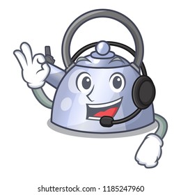 With headphone stainless whistling tea kettle isolated on mascot
