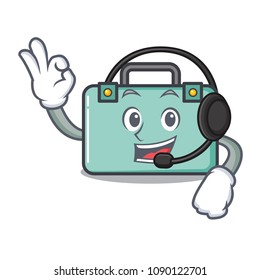 With headphone suitcase mascot cartoon style